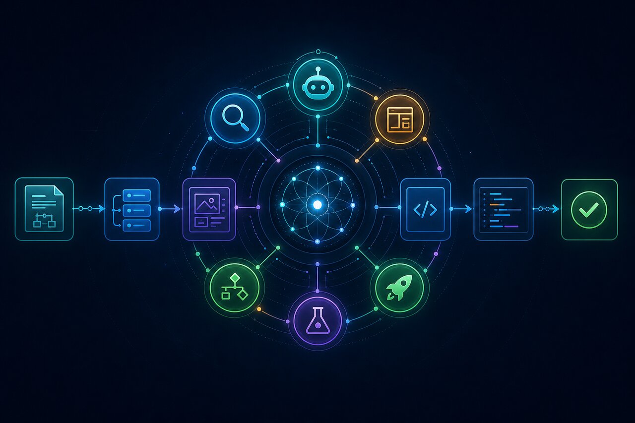 Eight specialized agents orchestrated from PRD through design, build, QA, and DONE